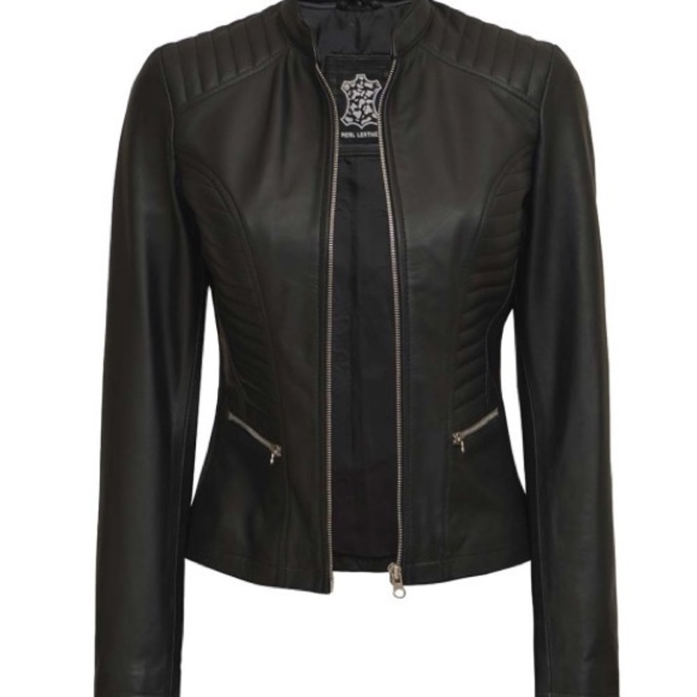 Real leather lamb black moto woman jacket NWT